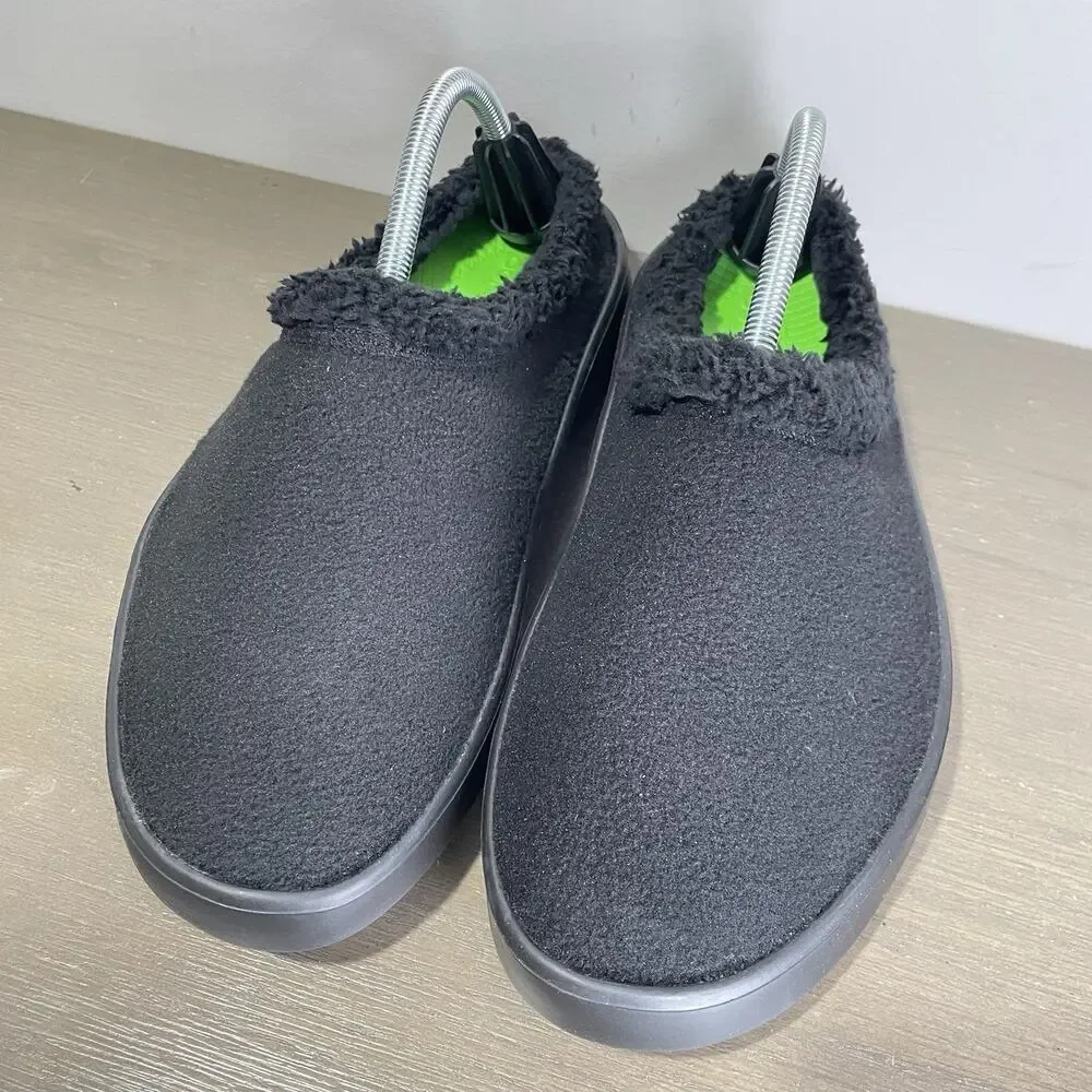 Oofos Mens 9.5 Slides NEW OOCozee Black Sherpa Lined Recovery Shoes Slip On Fur
